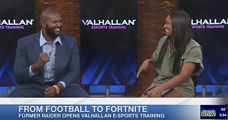 Las Vegas Now television interview about Valhallan Esports Training, captioned &ldquo;From Football to Fortnite.&rdquo;
