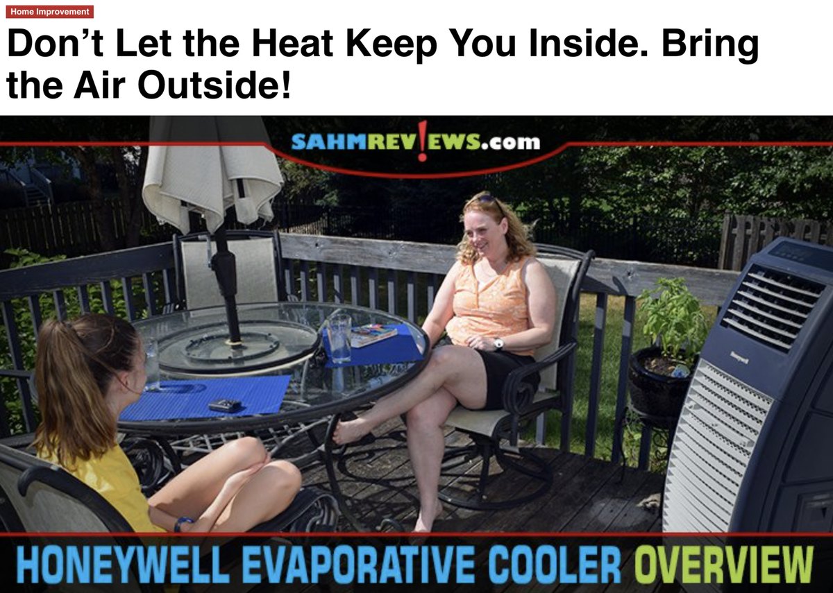 SAHM Reviews article headlined &ldquo;Don&rsquo;t Let the Heat Keep You Inside. Bring the Air Outside!&rdquo;, showing a Honeywell evaporative cooler on a patio