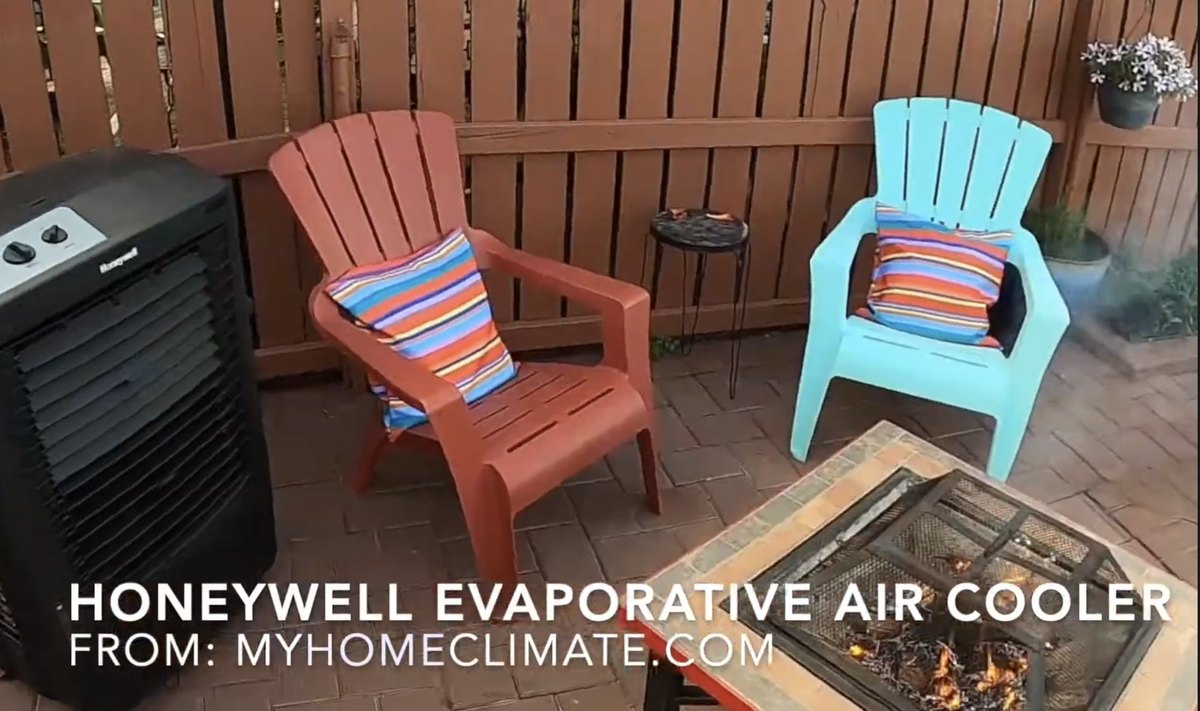 Video review still showing a Honeywell evaporative air cooler on a patio