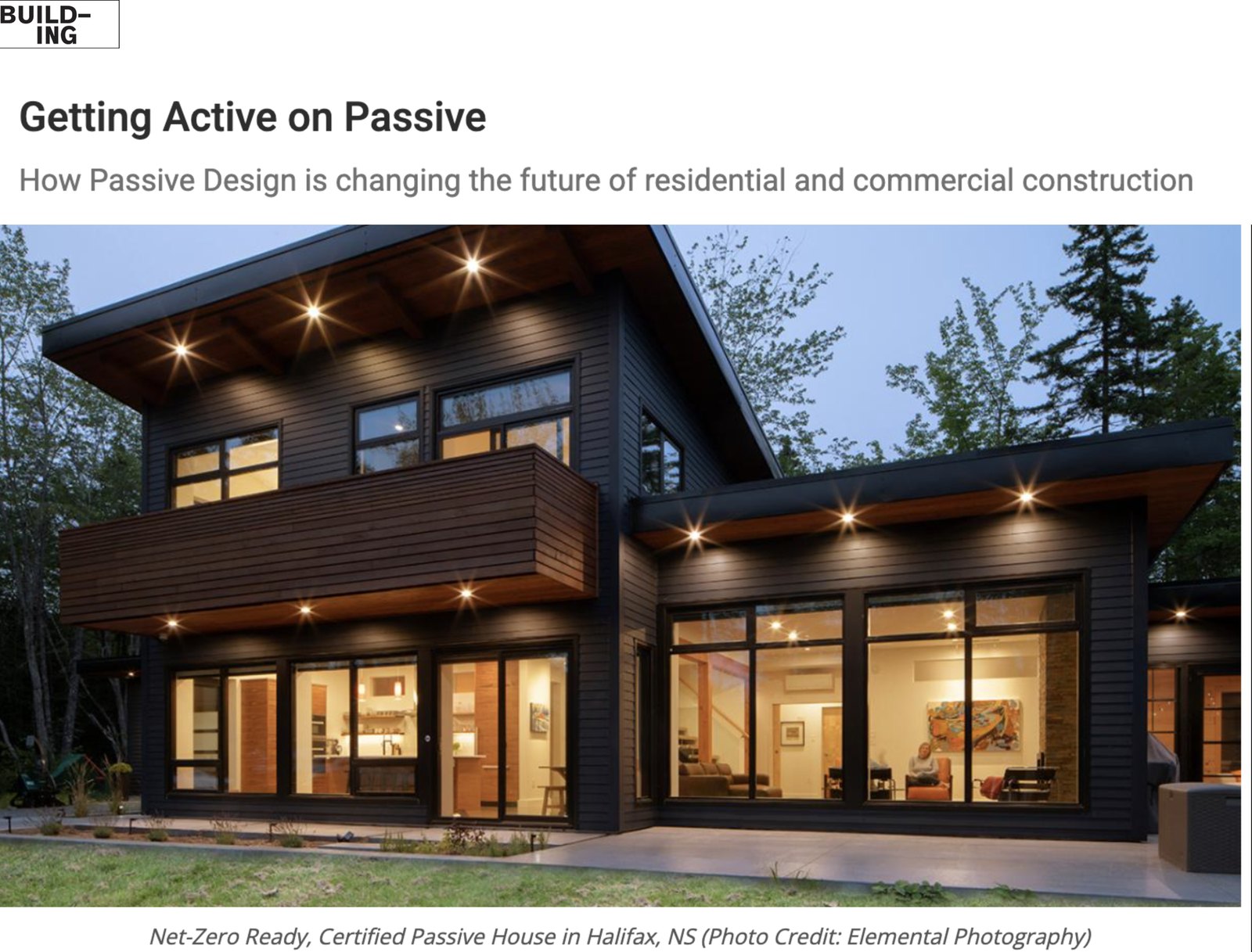 BUILDING feature headlined &ldquo;Getting Active on Passive: How Passive Design is changing the future of residential and commercial construction&rdquo;, showing a Net-Zero Ready certified Passive House