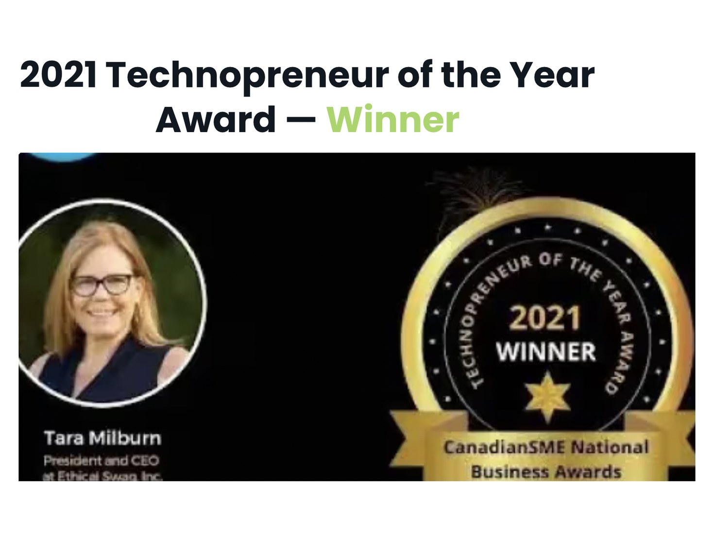 2021 Technopreneur of the Year Award, CanadianSME National Business Awards, won by Tara Milburn