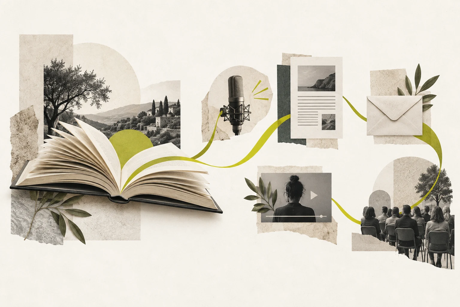 An open book connected to podcast, editorial, newsletter, creator and audience opportunities.