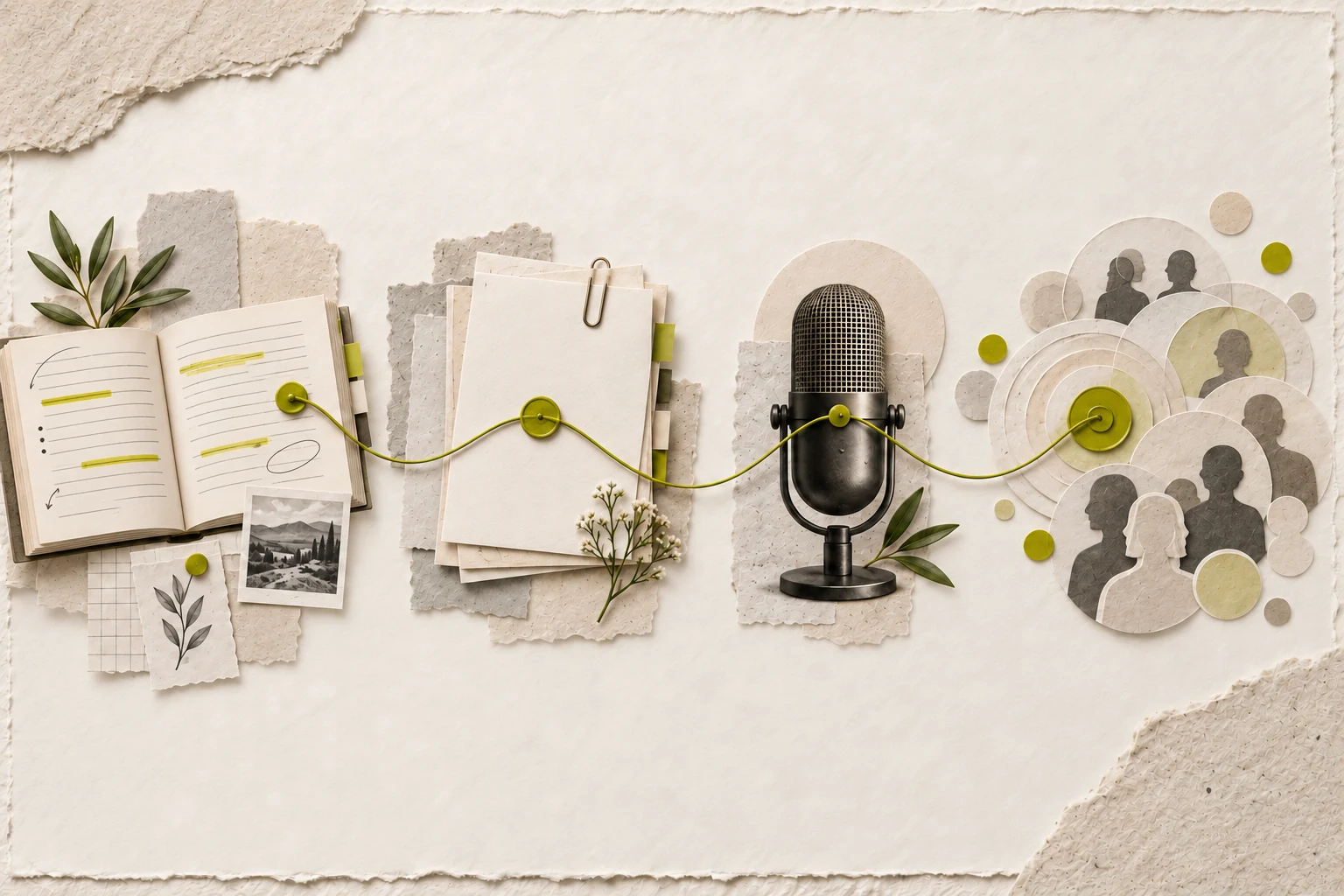 An open book and tailored pitch materials connected to a studio microphone and expanding audience.